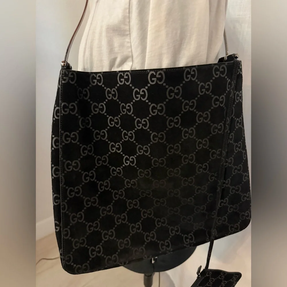 RARE Vintage Gucci Black Suede Monogram Metal Horsebit Strap Hobo Bag - Picture 7 of 17